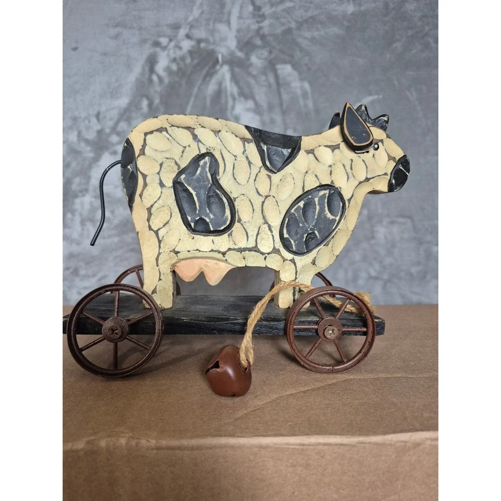 Vintage Primitive Wooden Cow Pull Toy Figurine Farmhouse Folk Art Decor Bell